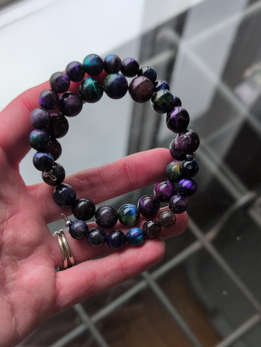 Rainbow Tigers Eye Memory Wire Bracelet - Picture 2 of 5